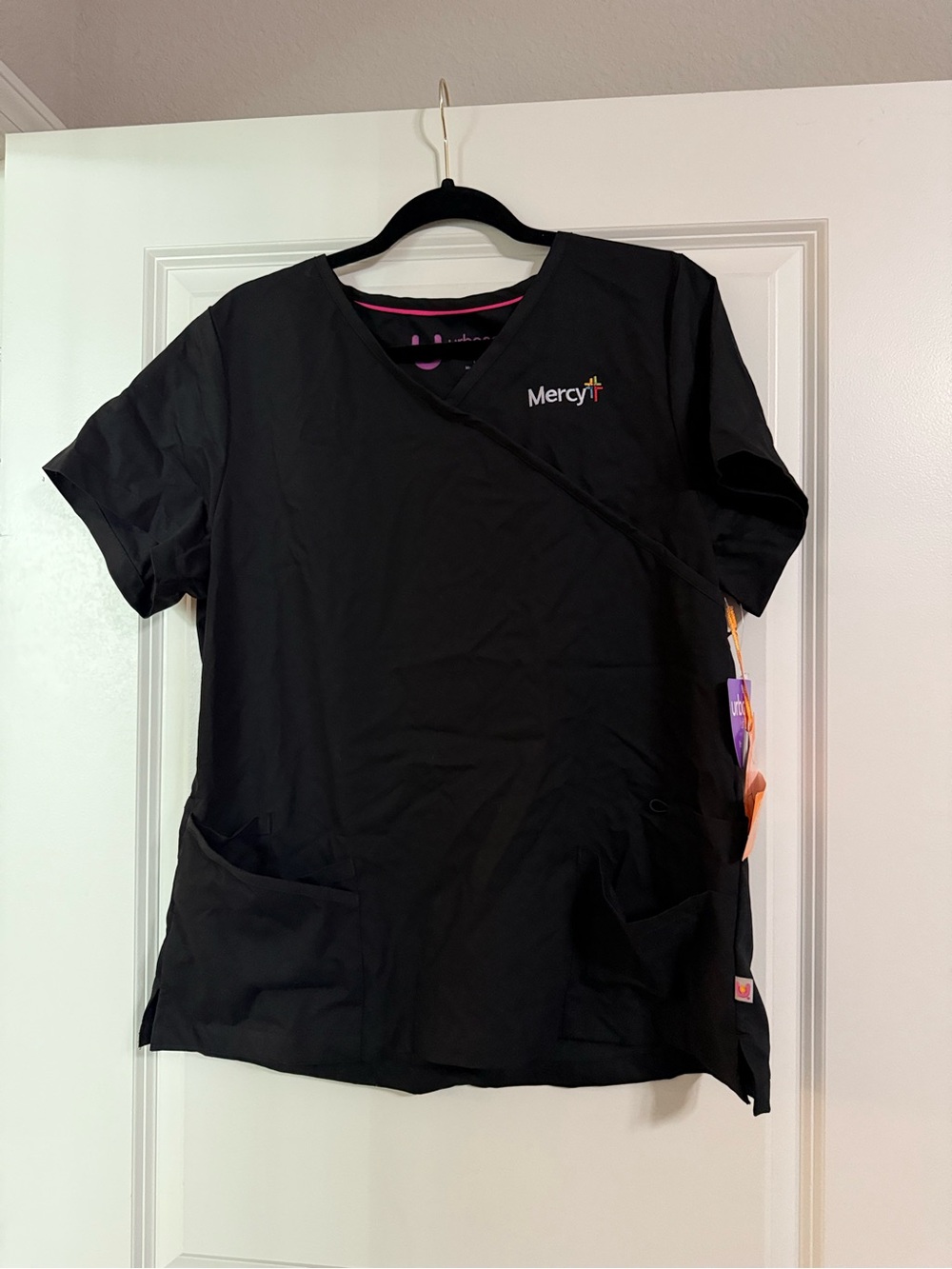 Mercy Black Scrub Top with Pink Trim